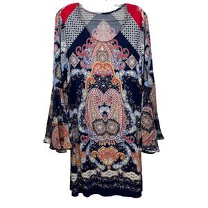 Boho Paisley Bell Sleeve Shift Dress Navy Blue Pink Medium Women’s Unbranded